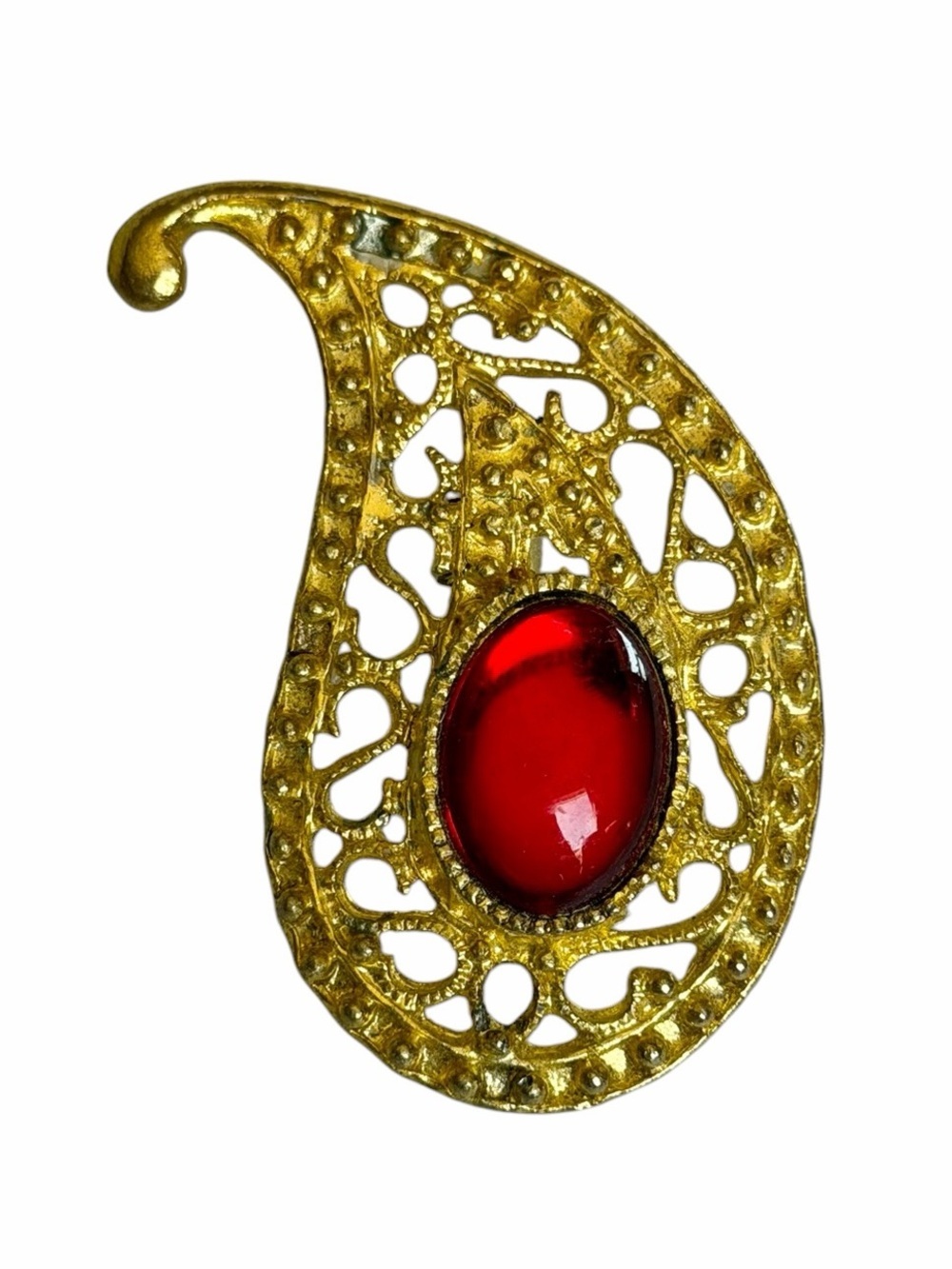 Vintage Goldtone Filigree Paisley Brooch Ruby Red Cabochon Stone Retro Glam